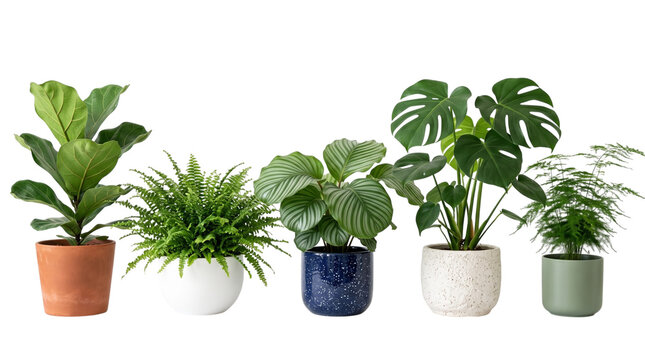 Collection of various indoor houseplants in decorative pots isolated on transparent background