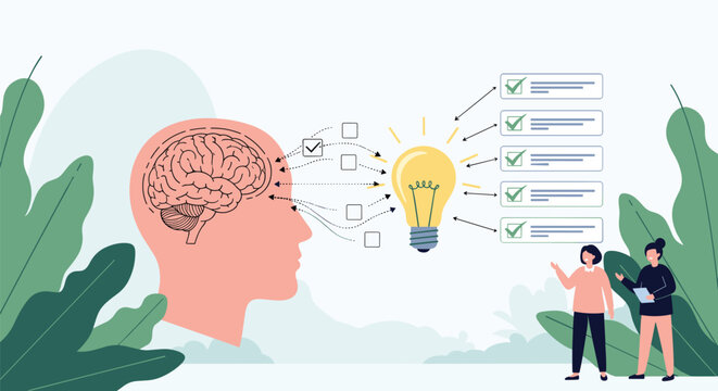 Scientific diagram of human brain processing thoughts and ideas into structured lists next to a glowing bulb.
