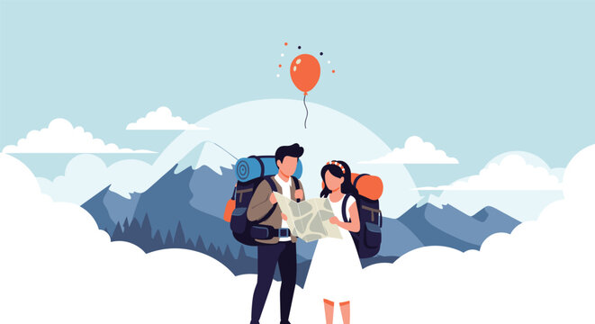 Couple of travelers with heavy backpacks holding a map and planning their hiking route in a scenic mountain area.
