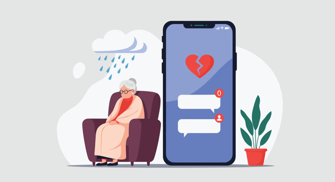 Heartbroken elderly woman sitting alone in an armchair under a raincloud next to a phone with broken heart icon.