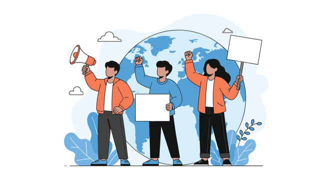 Young activists holding blank protest signs and megaphone in front of a giant globe, advocating for global change.