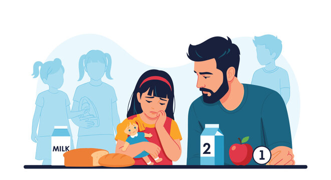 Caring father comforting his sad little daughter holding a doll at kitchen table with healthy breakfast.