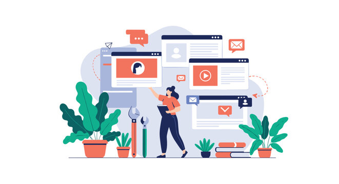 Female web developer designing and customizing user interface layouts with various floating digital windows and dashboards.