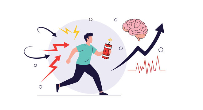 Stressed businessman running with a dynamite stick while facing panic, anxiety, and a rapid workload increase.