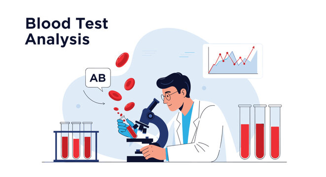 Medical laboratory scientist using a microscope to perform a blood test analysis and study red blood cells.