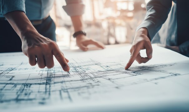 Two people examine a project blueprint with a focus on details and notes during a work session in a bright office space