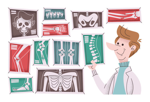 Xray Doctor Reviewing Radiology Panels Cartoon