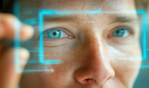 A male with short brown hair focusing on a facial scanning process showing a digital interface around his eyes in a technology setting