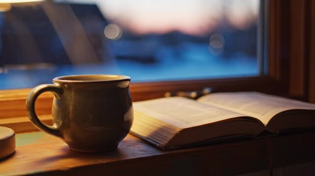 Cozy scene of a warm cup of coffee and an open book resting by a window overlooking a tranquil outdoor view