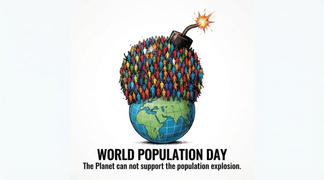 World population day concept, overpopulation illustration with a crowd of people forming a bomb shape on top of the earth globe isolated on white background