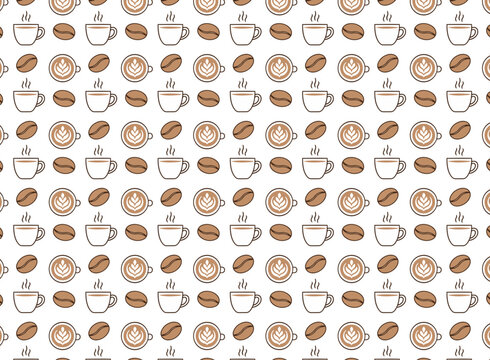 Coffee shop seamless repeat pattern in vector with cute mugs and coffee beans