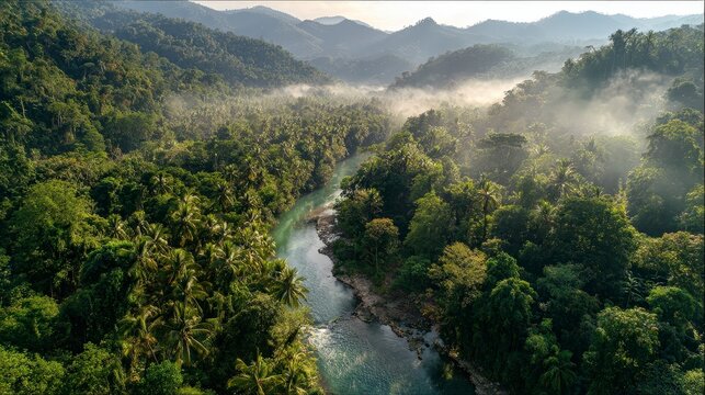 Aerial view of lush green forest with winding river