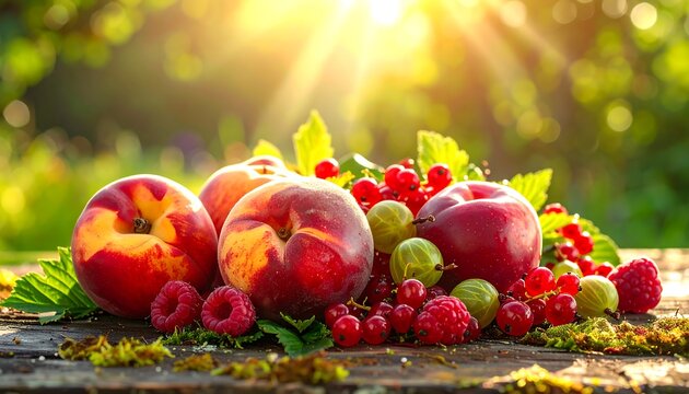 Close-up of peaches, berries, and leaves on a sunlit wooden table