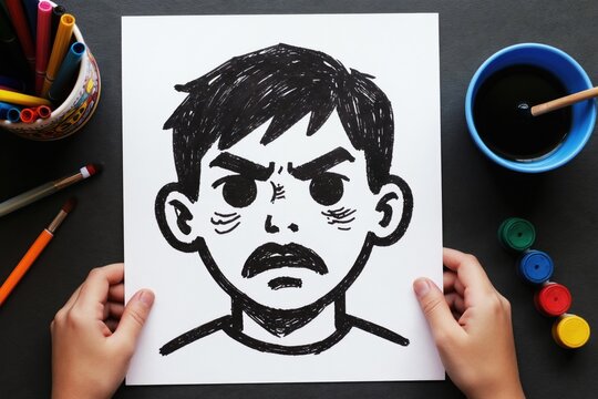 Hand holds drawing of angry man face with mustache. Art supplies like markers brushes paint cups nearby. Child expresses emotion with simple sketch art. Childlike creative expression and frustration.