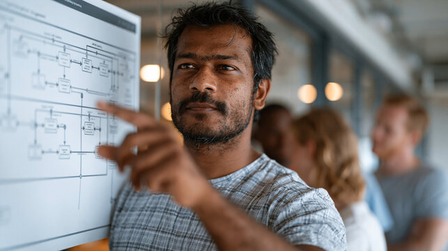 Open banking API integration diagram printed large on a glass wall in a Colombo tech hub, a Sri Lankan developer pointing to data flow nodes while colleagues gather, representing