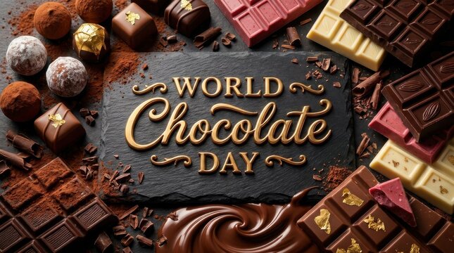 Elegant world chocolate day background with assorted chocolate bars, truffles, pralines, cocoa powder and melted chocolate swirl