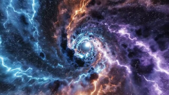 Mesmerizing vortex of celestial energy with cosmic lightning, stars, and deep space exploration