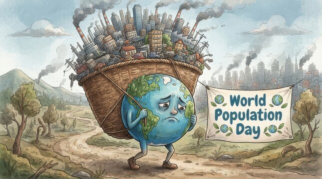 World population day concept illustration with a sad earth character carrying a heavy basket full of industrial buildings and urban sprawl