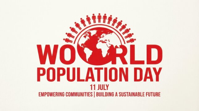 World population day poster design with red globe icon and human figures isolated on white background