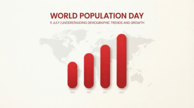 World population day infographic showing global demographic growth trends with bar chart representing population milestones in 1950, 1987, 2011, and 2022