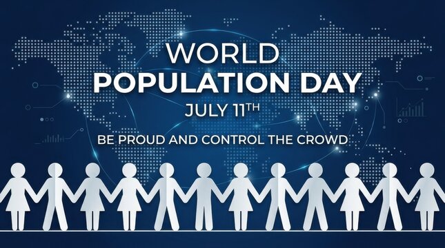 World population day concept with paper cut out people holding hands on a digital world map background