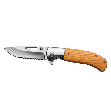 Traditional folding knife with wooden handle and serrated blade
