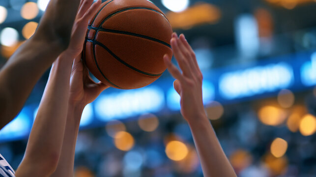 Faceless college basketball playoffs with a white team player winning a face-off opening tip from a rival team player, slow motion top view cinematic footage from a live TV replay