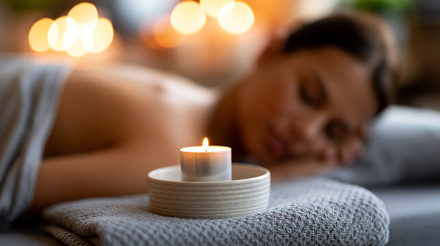 Faceless woman lying with a bare upper body and an aromatic candle placed on her back, serene wellness treatment close-up, defocused spa room in background, bare back candle