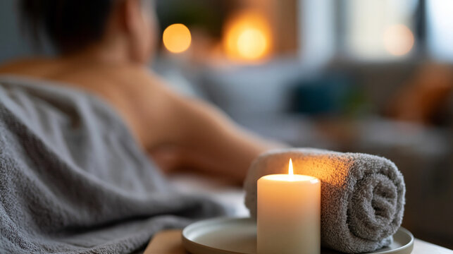 Faceless woman lying with a bare upper body and an aromatic candle placed on her back, serene wellness treatment close-up, defocused spa room in background, bare back candle