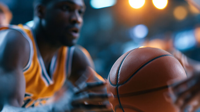 Faceless basketball championship close-up player cam of yellow team passing the ball and a player scoring a dunk bringing the multicultural team closer to victory, sport TV
