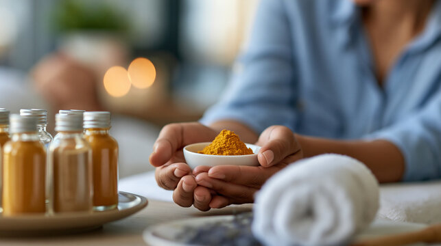 Faceless therapist performing a concentrated herbal powder bolus treatment on a lying woman on a medical bed, focused application of the therapeutic compress, defocused clinical