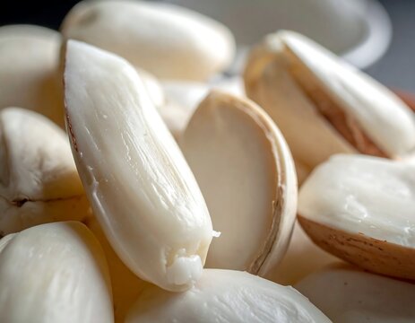 Close-up of peeled, blanched almonds, with varying textures and shapes, arranged together