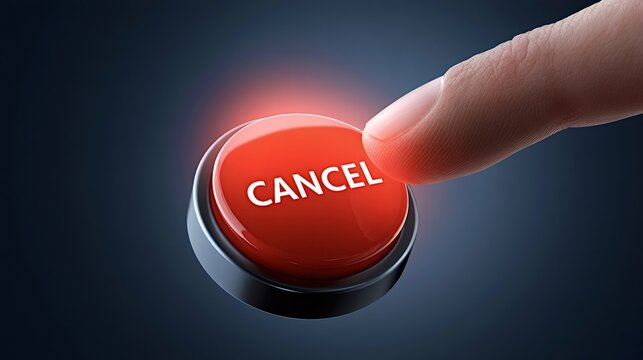 Human finger pressing a red cancel button with glowing illumination, representing rejection, stopping, declining, or unsubscribing from a service or action in a digital context