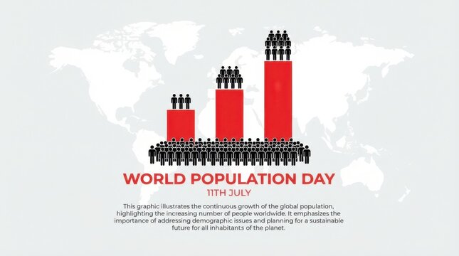 World population day concept with growing human bar chart on world map background