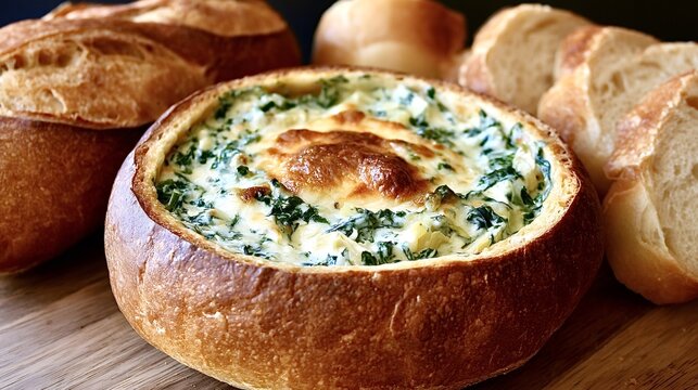 Creamy homemade spinach artichoke dip baked in a crispy bread bowl, presented with sliced baguette for sharing as a popular appetizer or comfort food