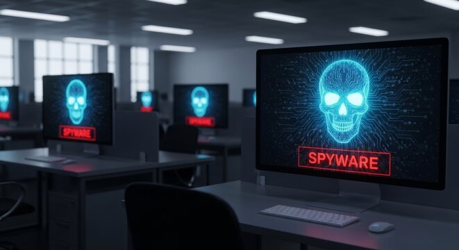 Cybersecurity threat: Glowing skull icon and 'Spyware' alert on computer monitors in a dark, modern office setting, conveying digital danger.