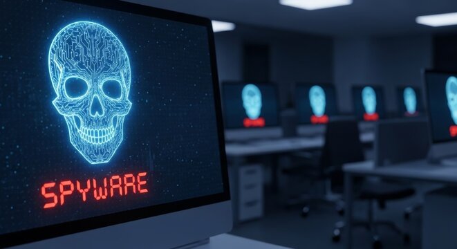 Glowing digital skull and 'SPYWARE' alert on computer monitor in a dark, modern office setting with multiple infected workstations