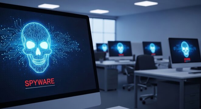 Futuristic digital glowing skull cyber icon with Spyware alert on monitor in a modern corporate office with infected workstations, representing cyber threat and data security