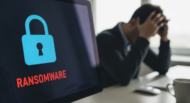 Ransomware alert on computer screen with distressed man at desk in modern office, cybersecurity concept