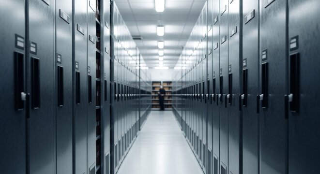 Rows of archive storage cabinets in a dimly lit repository hall with a blurred archivist, emphasizing data preservation and organization.
