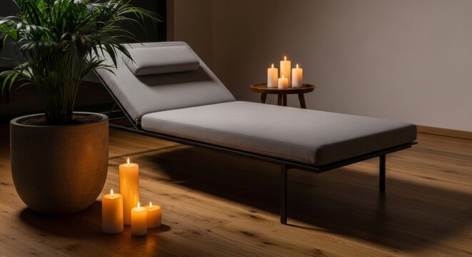 Minimalist gray daybed lounger in serene rest area with candlelight and potted plant, promoting relaxation and wellness