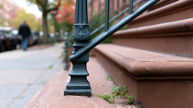 Urban architectural detail: a close-up of a decorative metal railing on brownstone steps, with a blurred street and person in background, reflecting city life