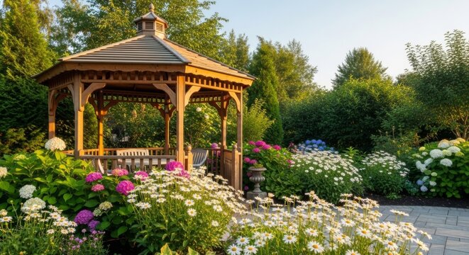 Elegant wooden gazebo in a lush garden with blooming hydrangeas and daisies, offering a serene outdoor retreat