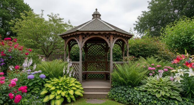 Wooden garden gazebo nestled among lush flowers and greenery, offering a tranquil outdoor escape and relaxation spot
