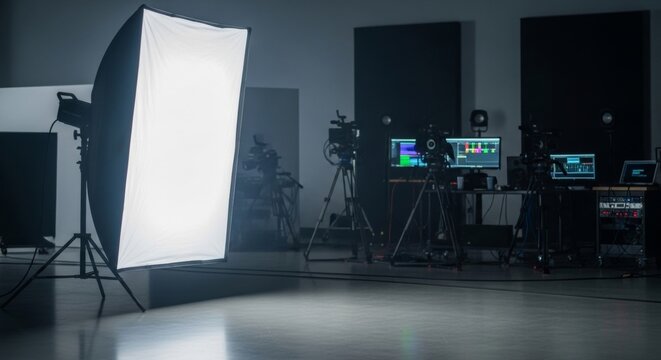 Professional studio softbox light illuminates production equipment in a modern video studio, setting the stage for creative filming.