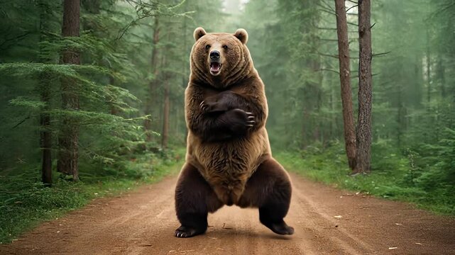 Funny brown bear dancing on a forest road