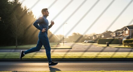 Obraz premium Man running at sunrise in suburban neighborhood, healthy lifestyle and fitness motivation