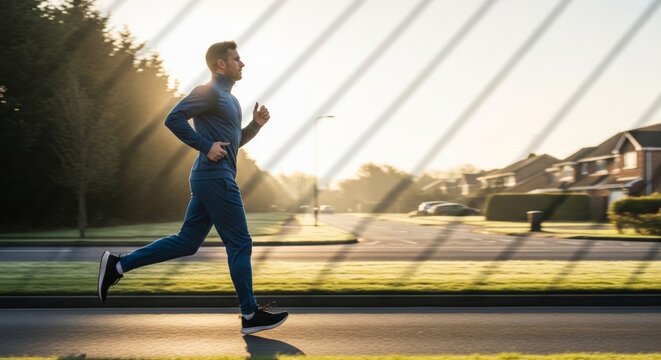 Man running at sunrise in suburban neighborhood, healthy lifestyle and fitness motivation