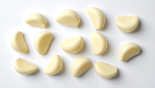 Close-up of peeled garlic cloves scattered on a plain white surface, overhead shot