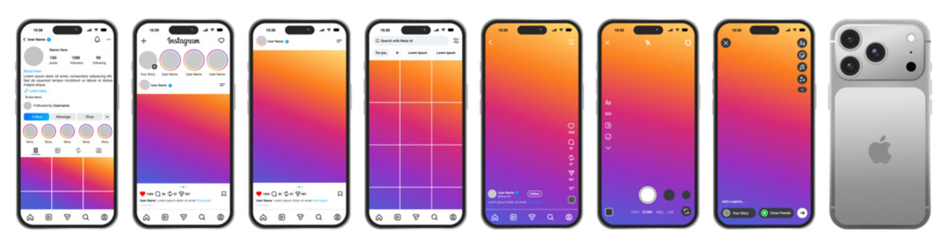 Instagram Social Media UI UX Template Kit for iPhone 17 Pro Smartphone Mobile, App Interface Image Placeholder, Feed, Story, Reel, Post Screen, Mockup Vector Transparent Content Section